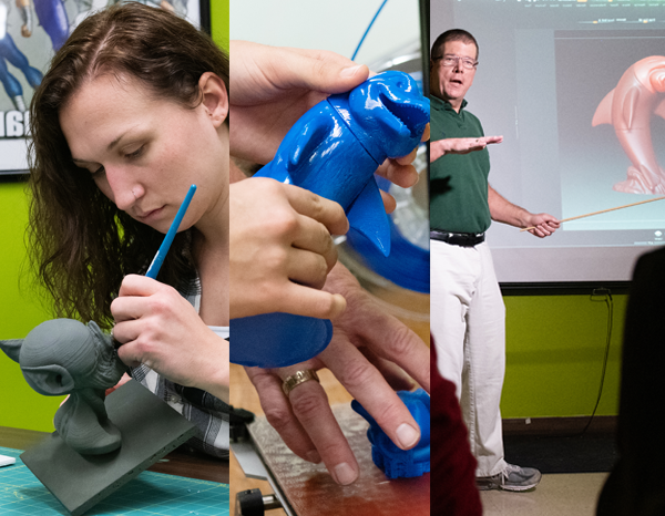 Collage of a professor leading class and two students constructing models.